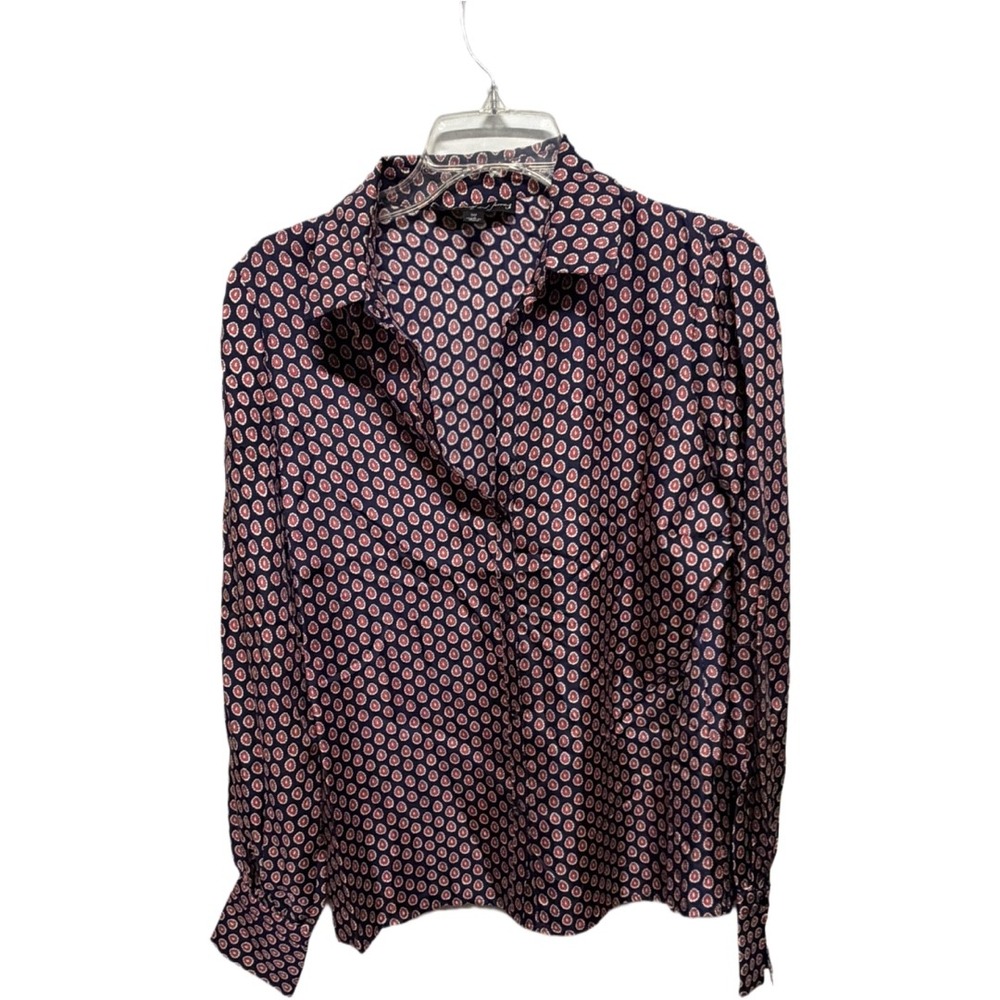 Elizabeth and James 100% Silk Navy Patterned Long Sleeve Blouse Size Medium
